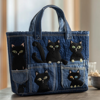 Black Cats Embroidery Quilted Tote