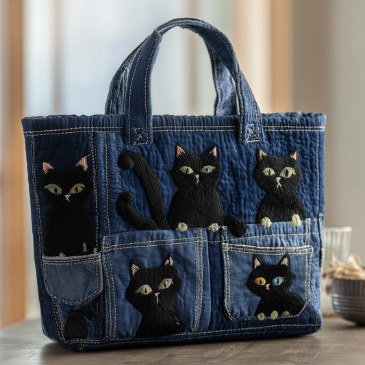 Black Cats Embroidery Quilted Tote