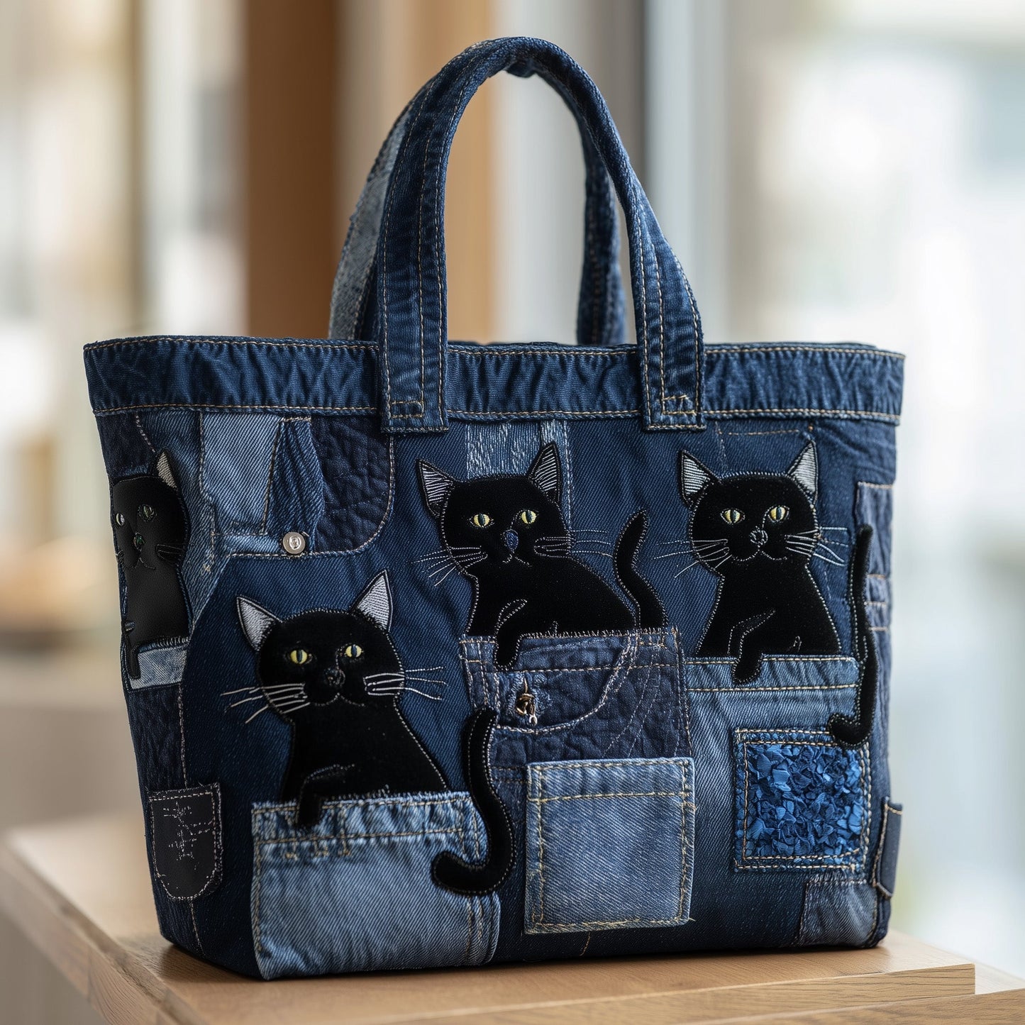 Black Cats On Denim Quilted Tote