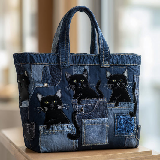 Black Cats On Denim Quilted Tote