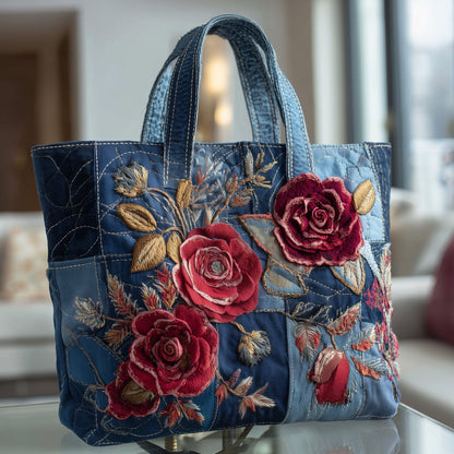 Embroidered Red Roses Quilted Tote