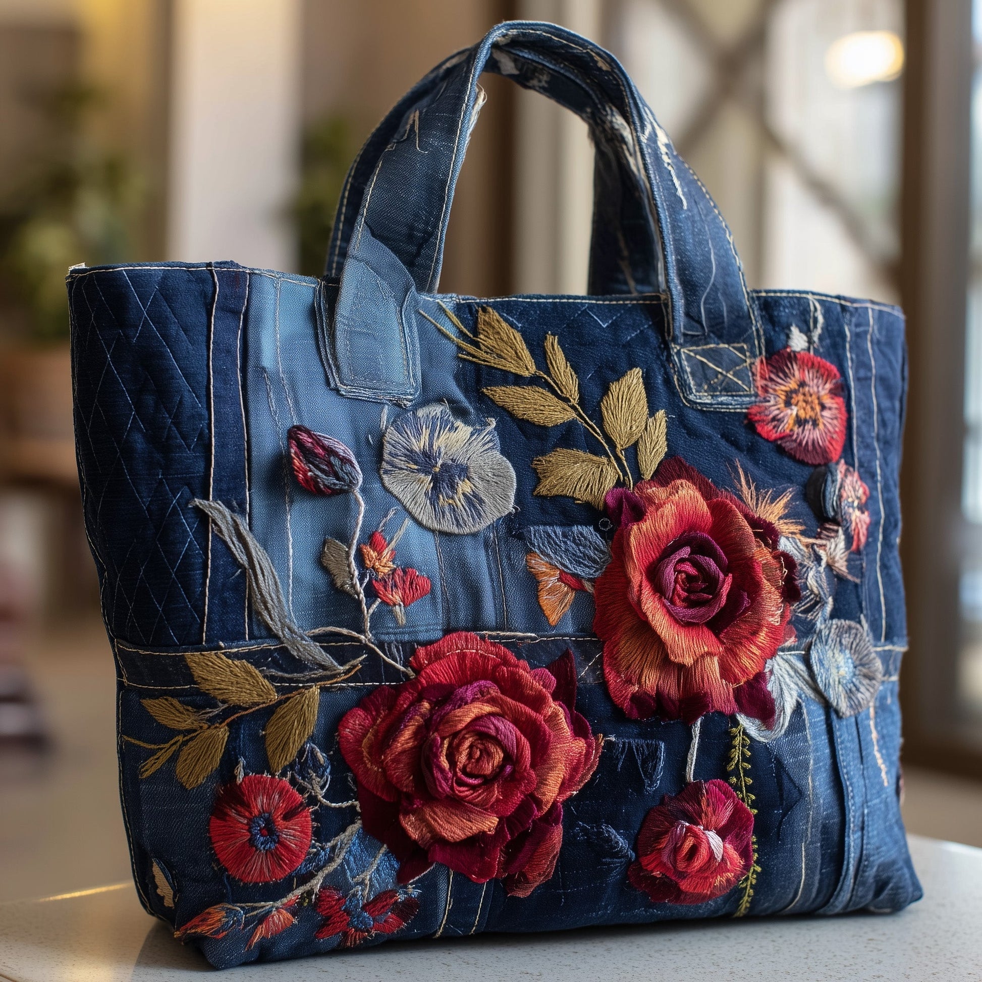 Embroidered Roses Flowers Tote Bag