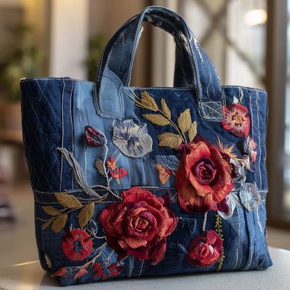 Embroidered Roses Flowers Tote Bag