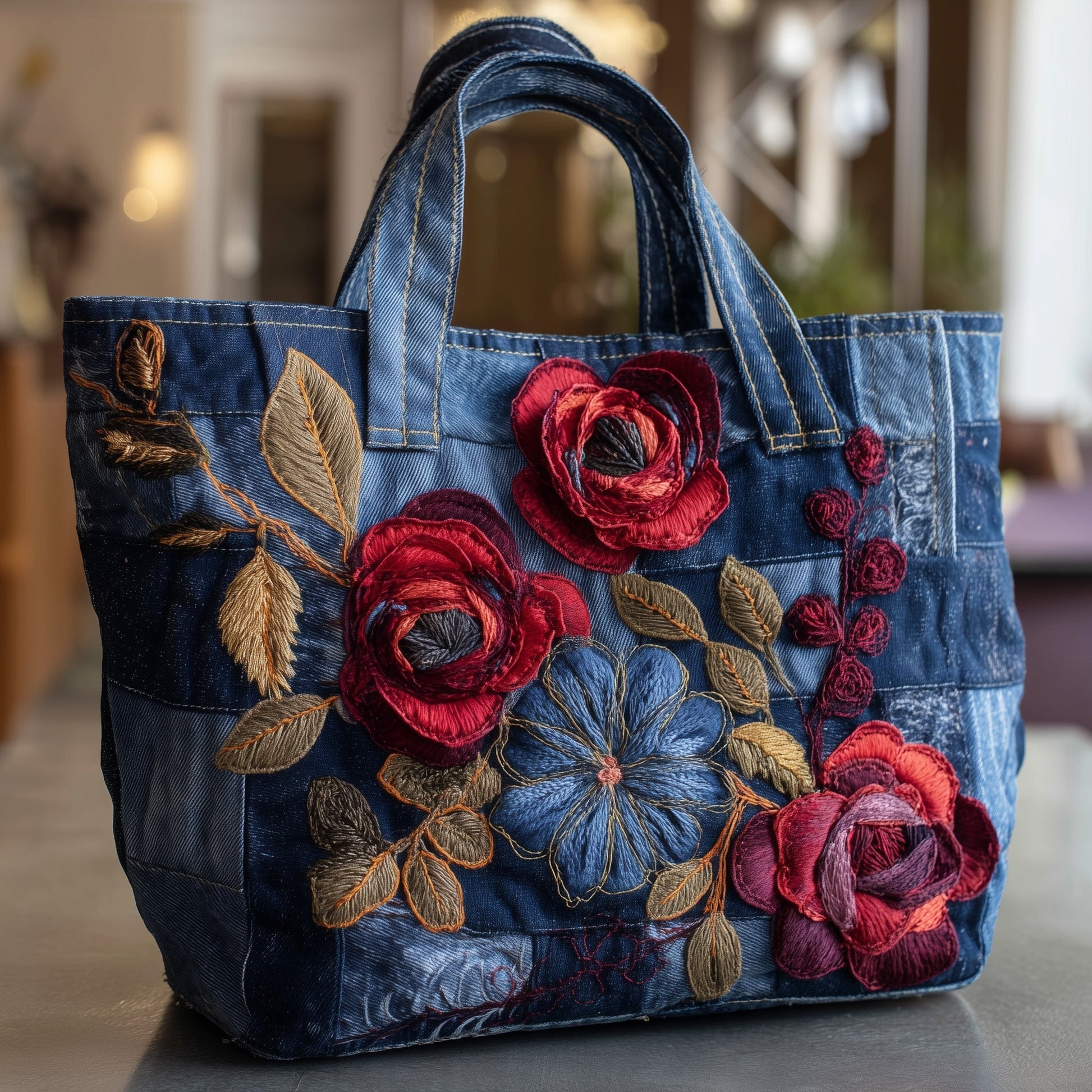 Embroidered Roses Leaves Quilted Tote
