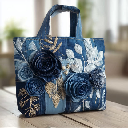 Blue Roses Embroidery Quilted Tote