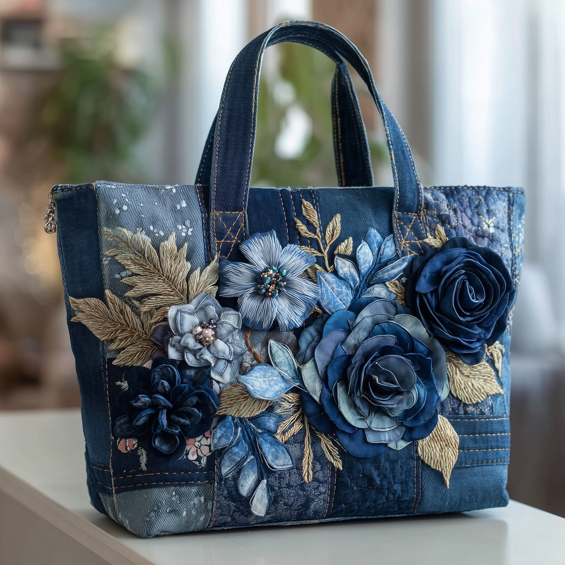 Blue Floral Embroidery Tote Bag