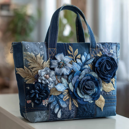 Blue Floral Embroidery Tote Bag