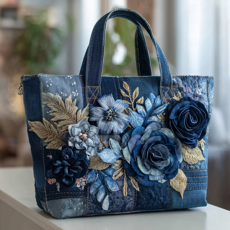 Blue Floral Embroidery Tote Bag