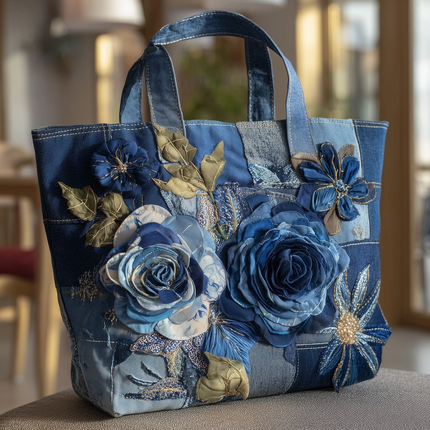 3D Blue Roses Quilted Tote