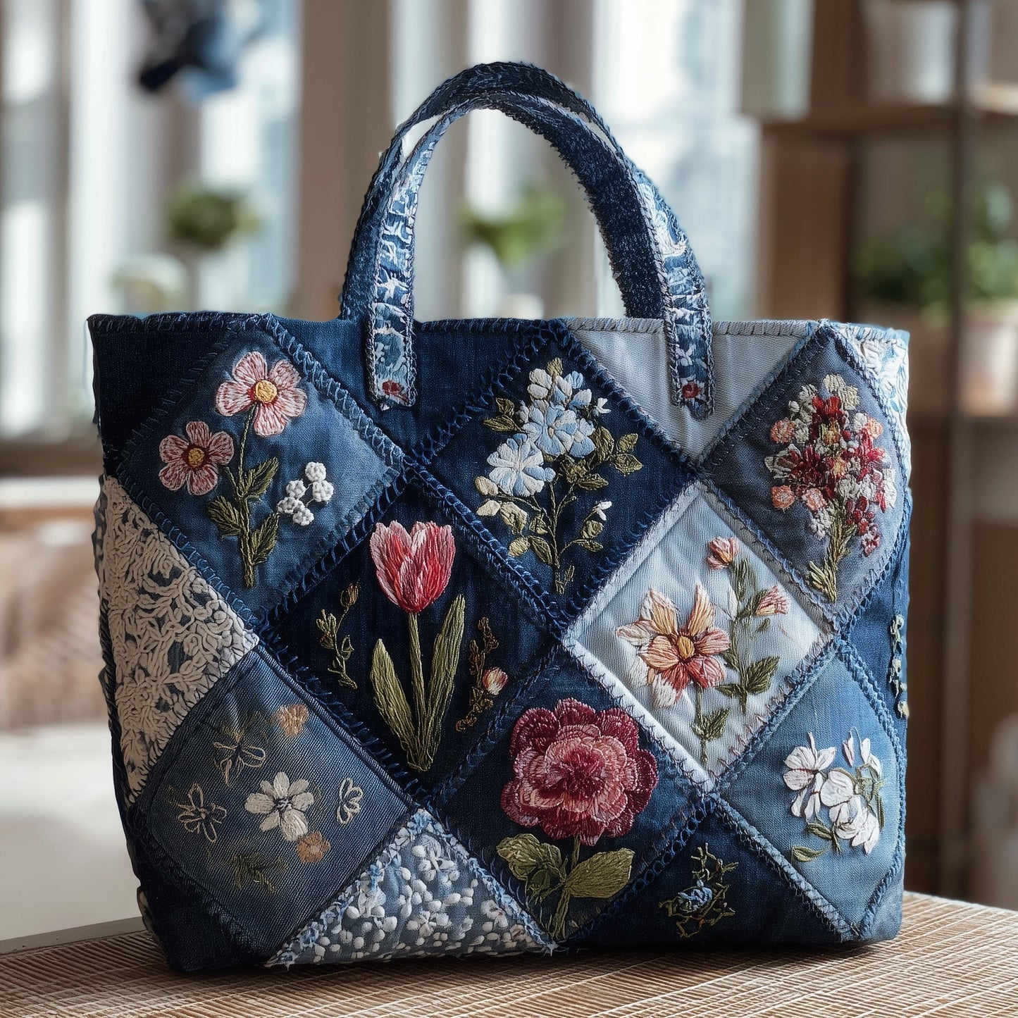 Embroidered Floral Patches Quilted Tote