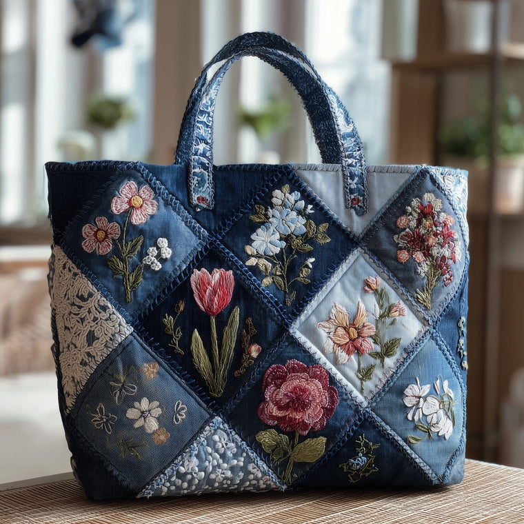 Embroidered Floral Patches Quilted Tote