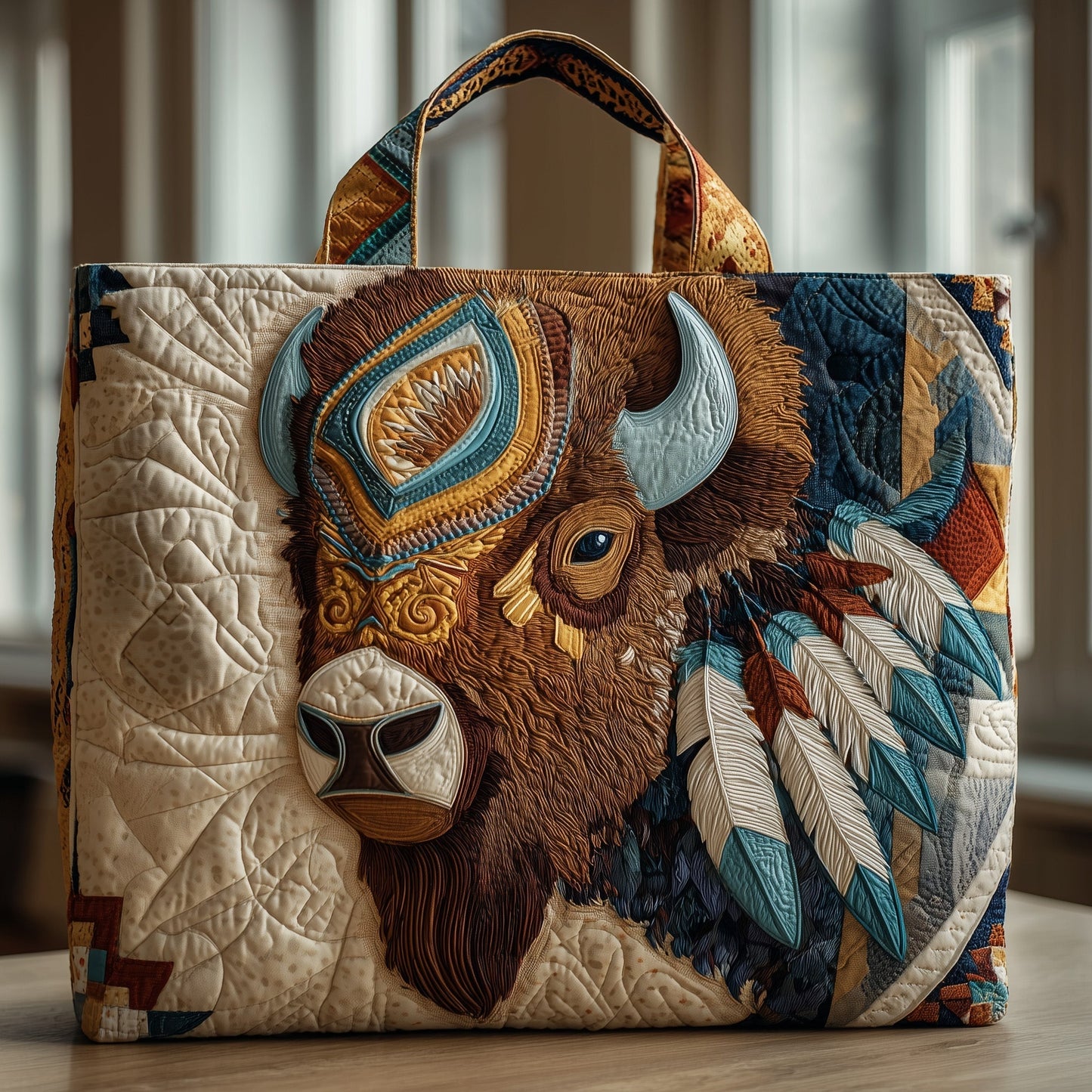 Bison Native American Feathers Quilted Tote