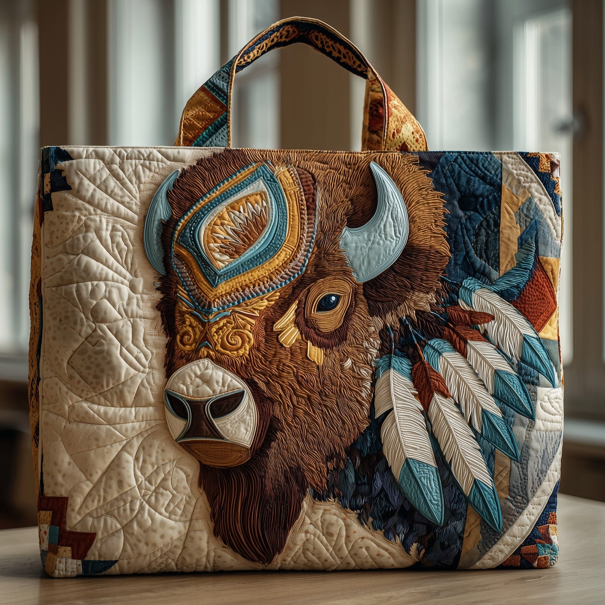 Bison Native American Feathers Quilted Tote