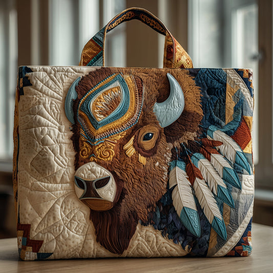 Bison Native American Feathers Quilted Tote
