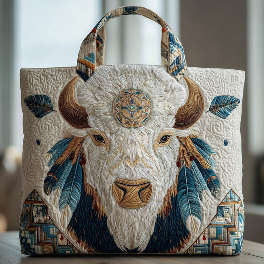 Majestic Bison Illustration Quilted Tote