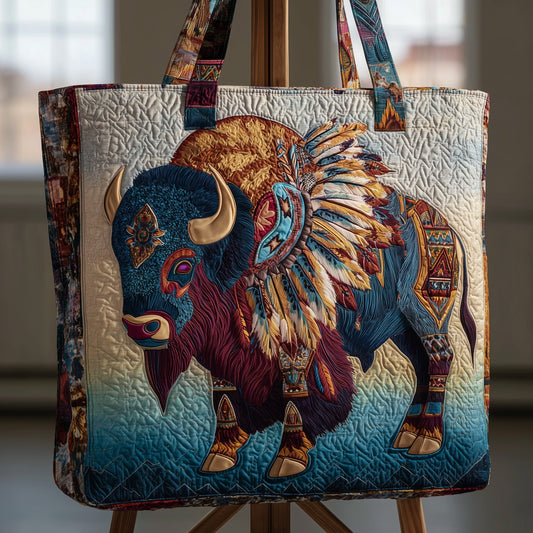 Decorative Bison Illustration Quilted Tote