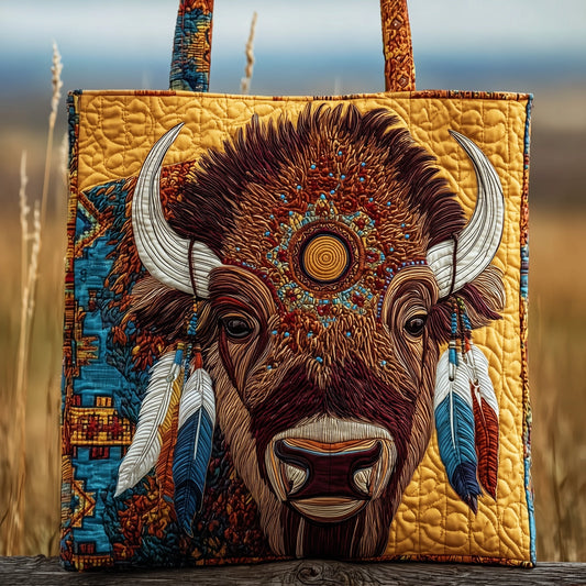 Bison Head Feathers Tote Bag