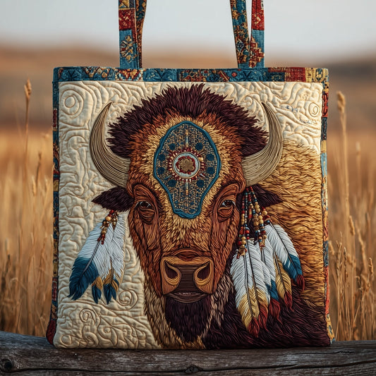 Decorated Bison Head Quilted Tote