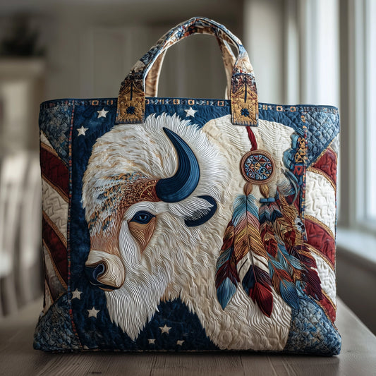Bison Tribal Feathers Quilted Tote