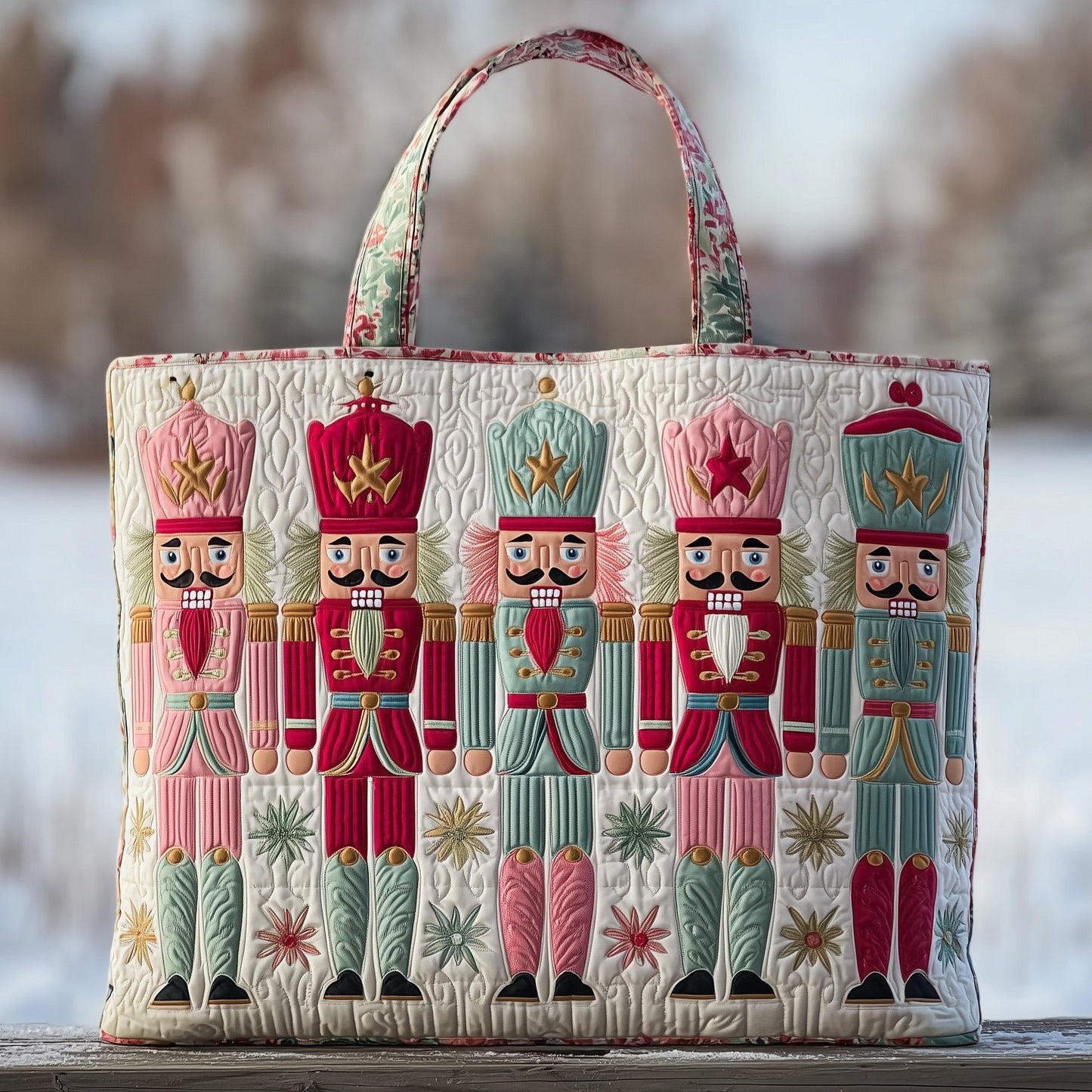 Nutcracker Soldiers Motif Quilted Tote