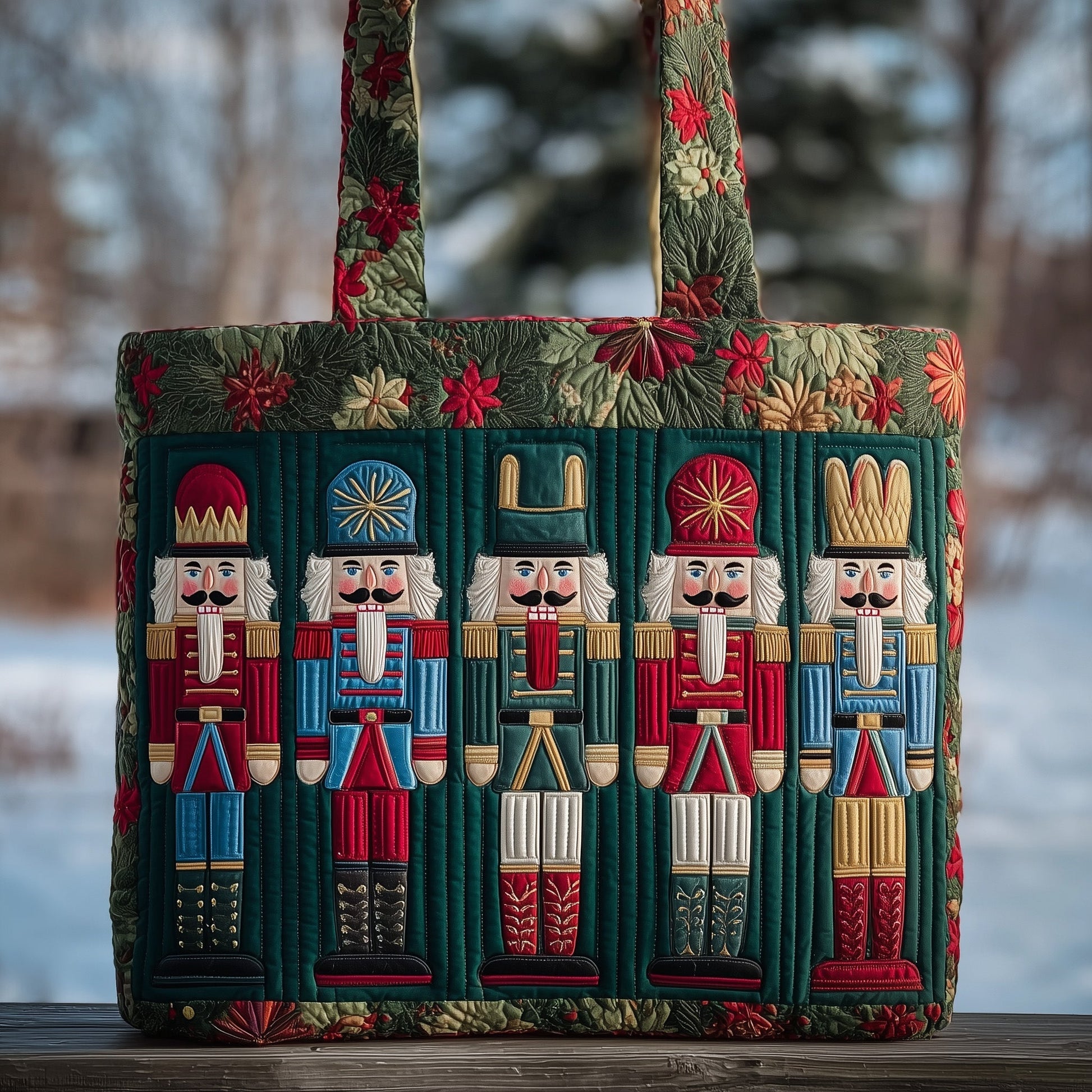 Nutcracker Figures Floral Border Quilted Tote