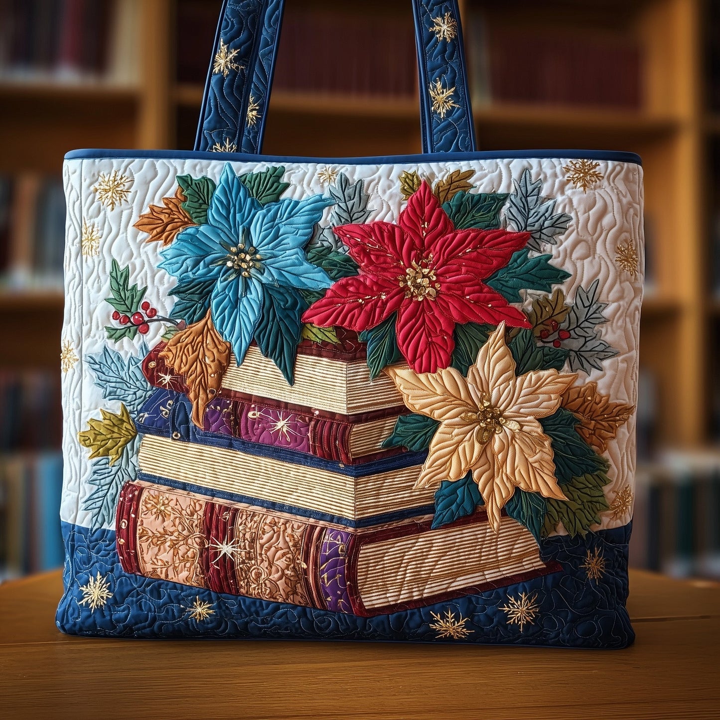 Stacked Books Poinsettias Quilted Tote
