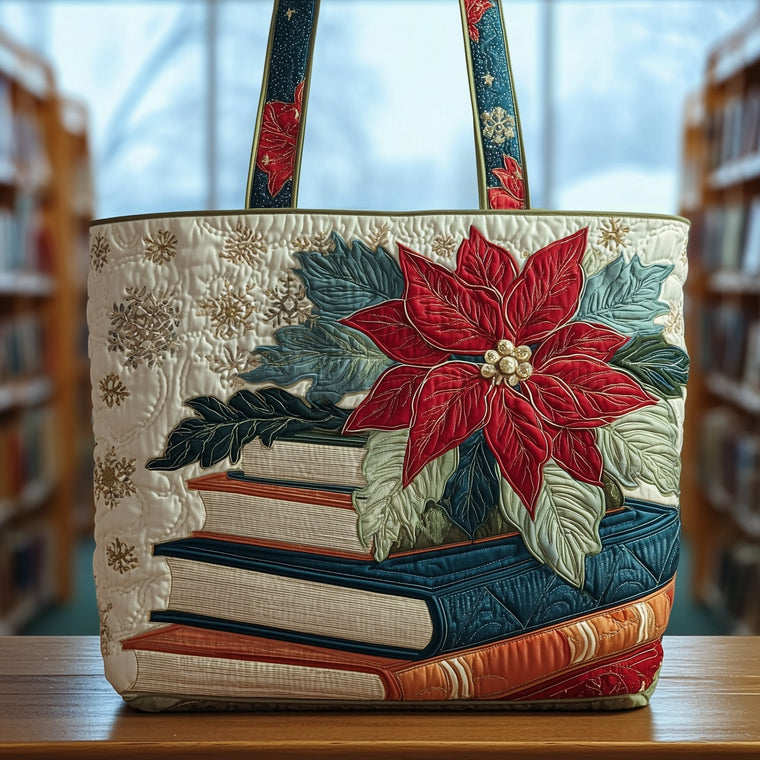 Everyday Poinsettia Books Quilted Tote