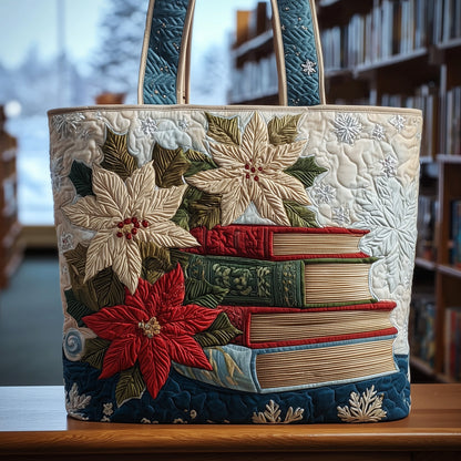Stacked Books Poinsettias Tote Bag