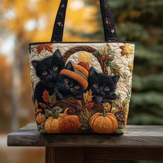 Black Cats Autumn Pumpkins Quilted Tote