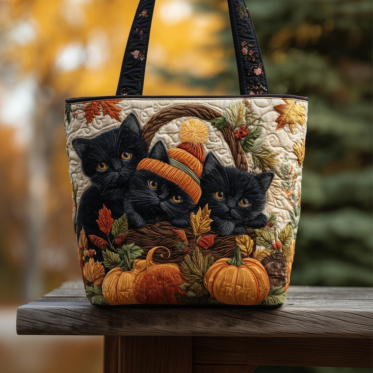 Black Cats Autumn Pumpkins Quilted Tote