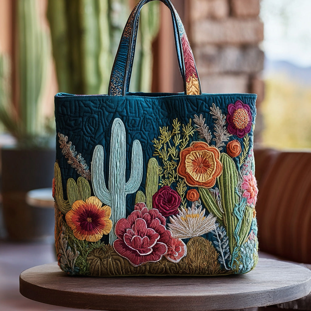 Cactus Floral Embroidery Quilted Tote