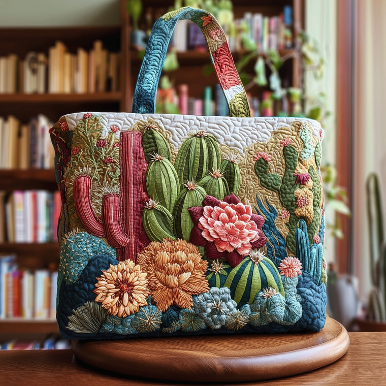 Colorful Blooming Cactus Quilted Tote