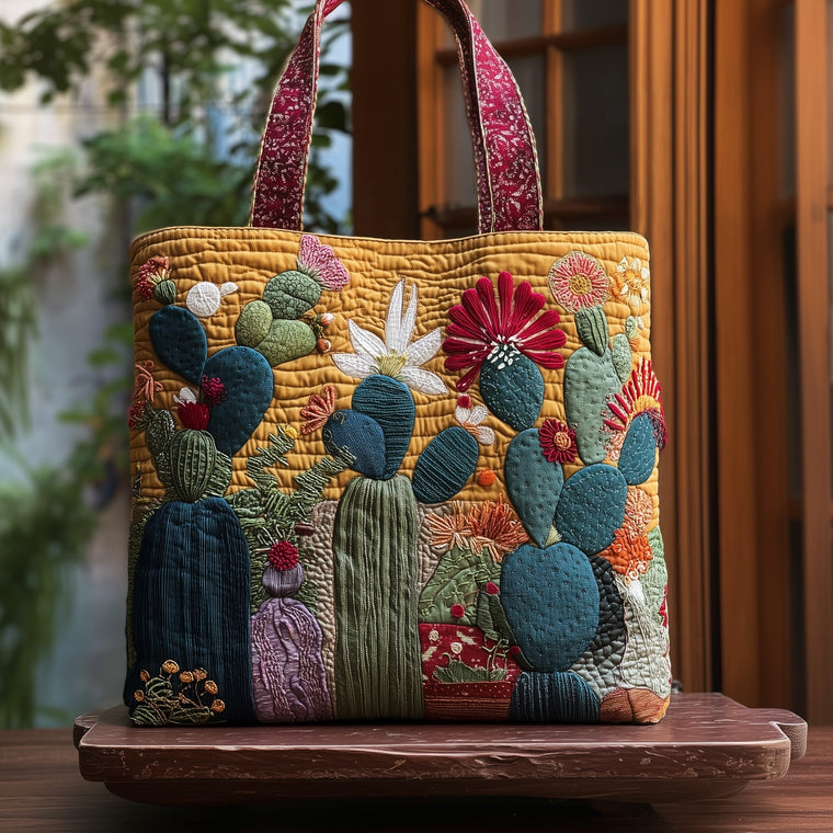 Colorful Cactus Blooms Quilted Tote