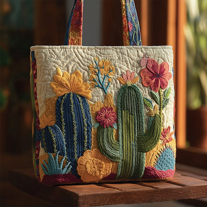 Colorful Cactus Embroidery Quilted Tote