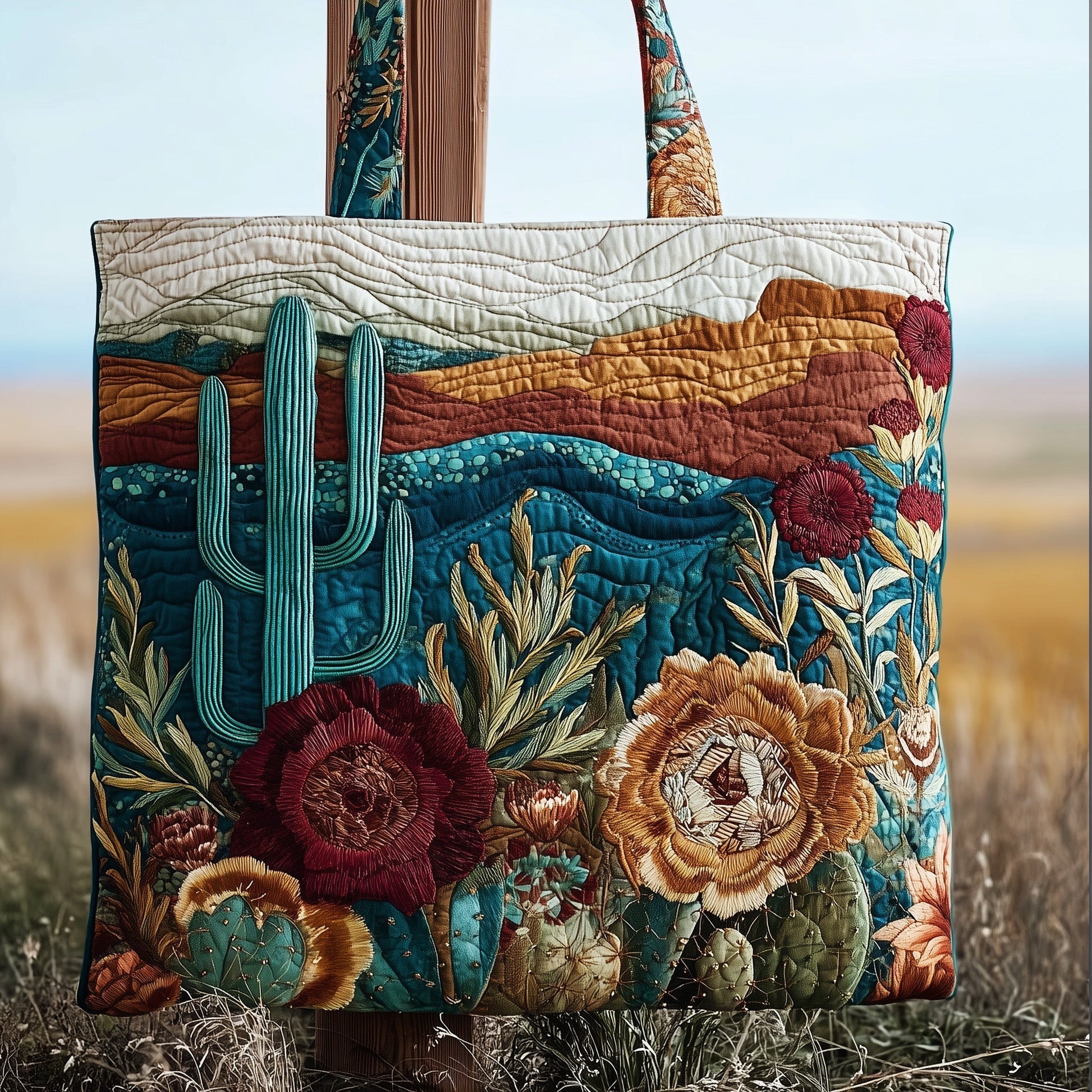 Desert Cactus Flowers Quilted Tote