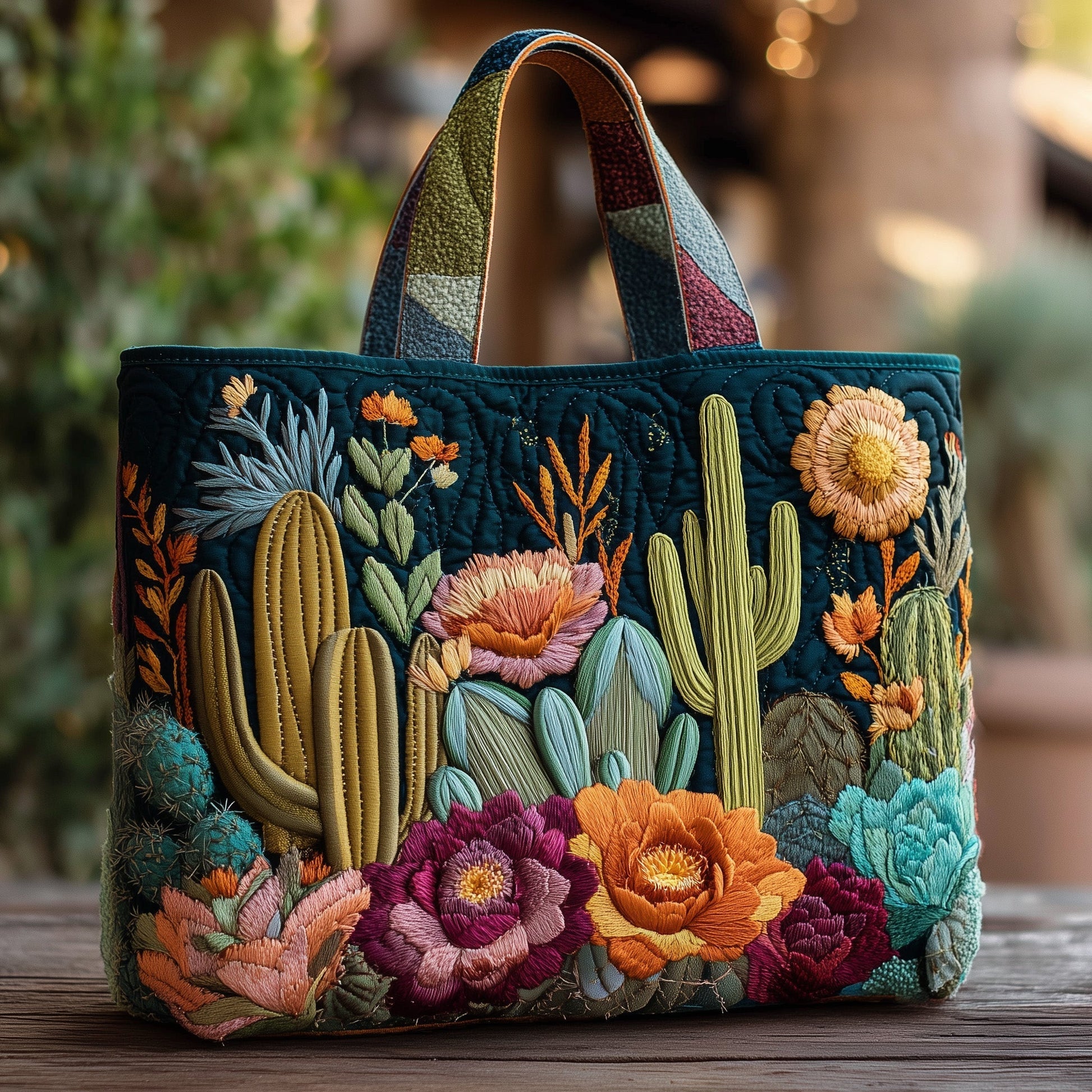 Embroidered Cactus Flowers Quilted Tote
