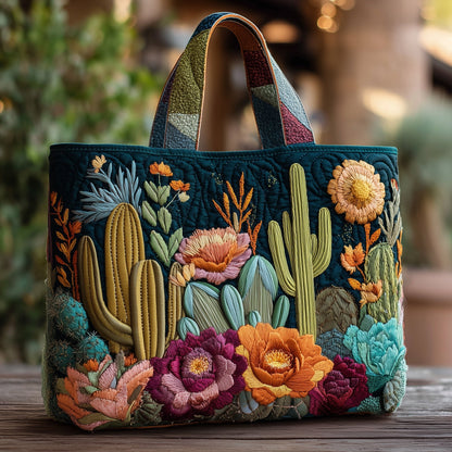 Embroidered Cactus Flowers Quilted Tote