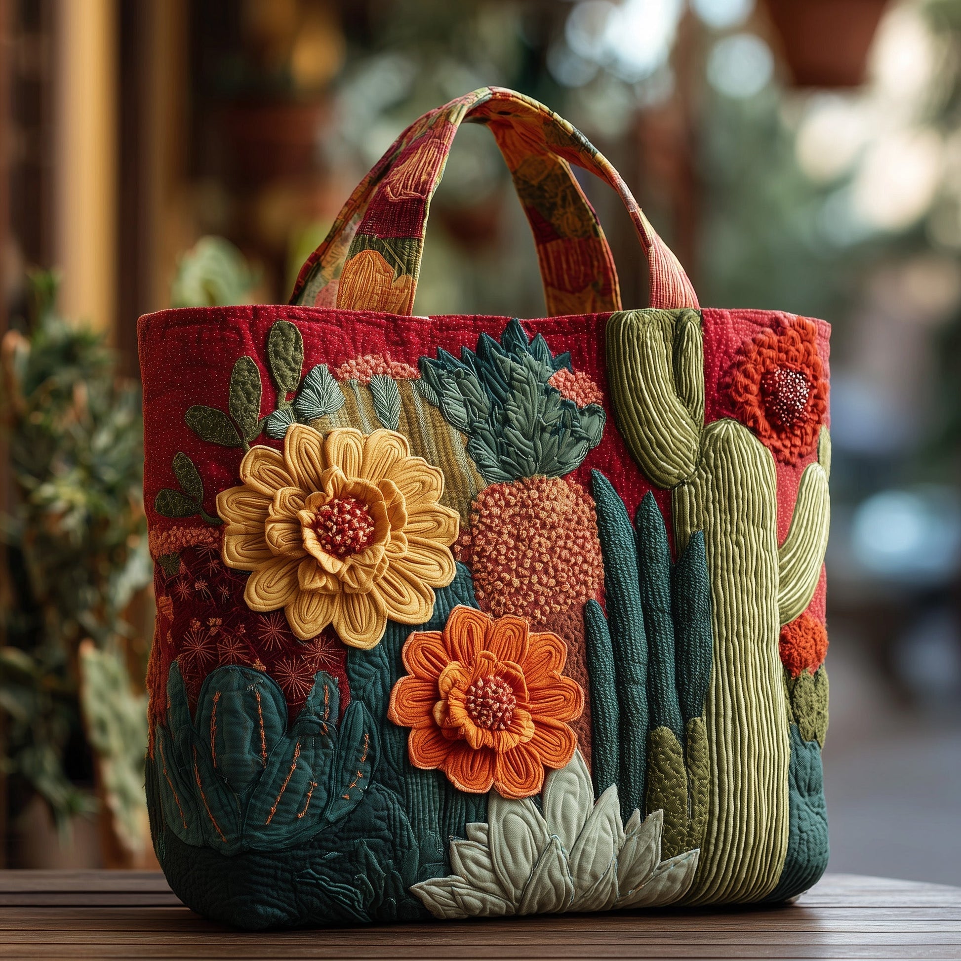 Cactus Floral Embroidery Tote Bag