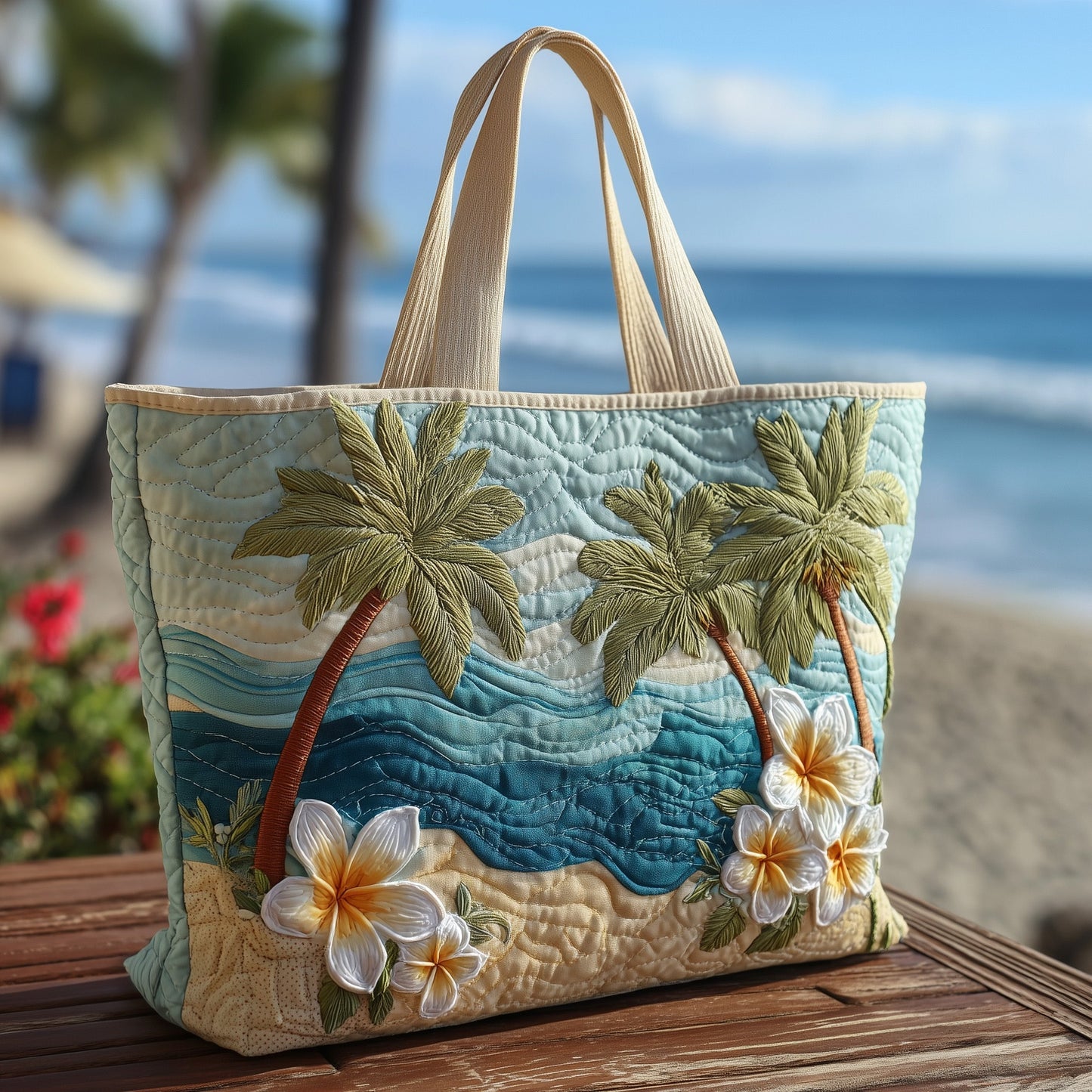 Palm Trees Plumeria Quilted Tote