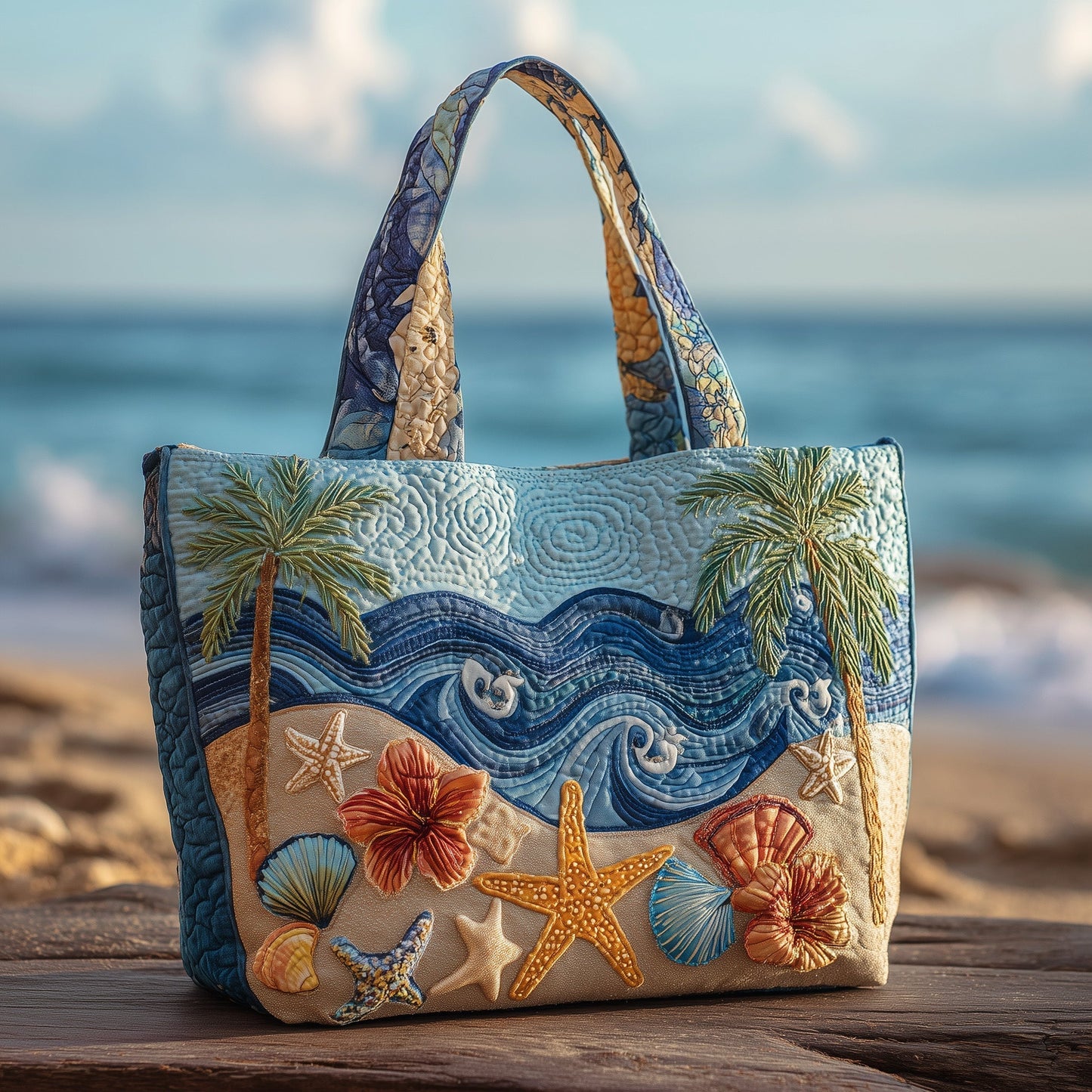 Beach Shells Palm Trees Quilted Tote