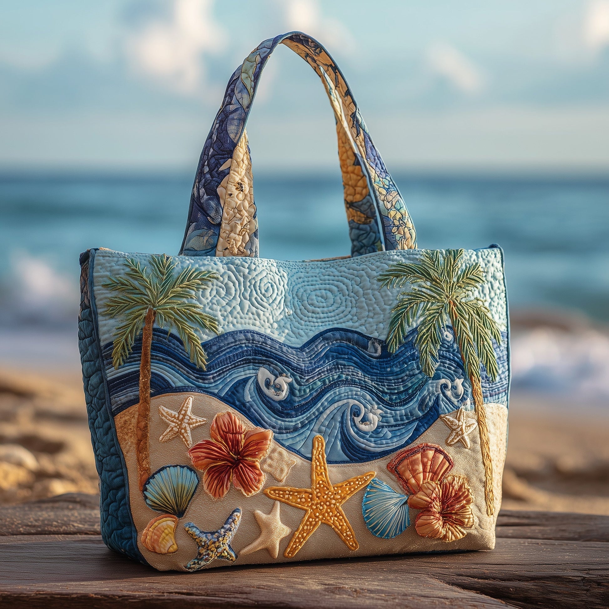 Beach Shells Palm Trees Quilted Tote