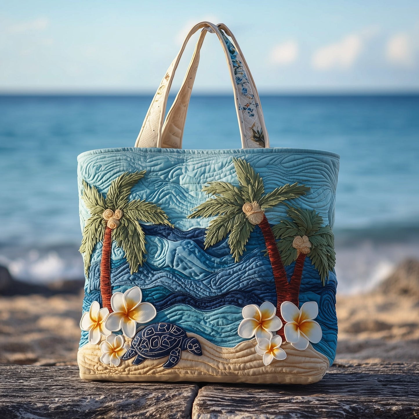 Palm Trees Sea Turtle Quilted Tote