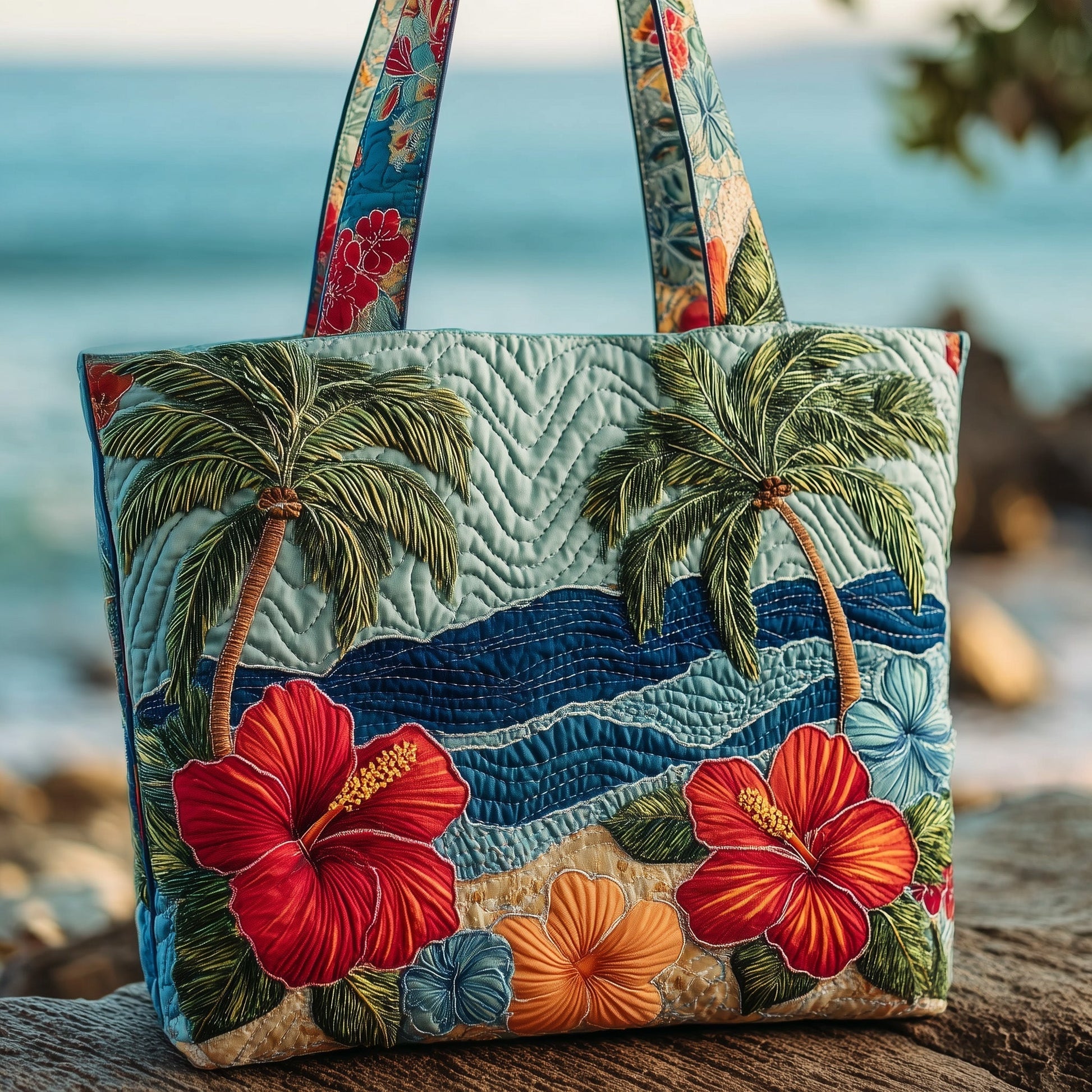 Palm Trees Hibiscus Quilted Tote