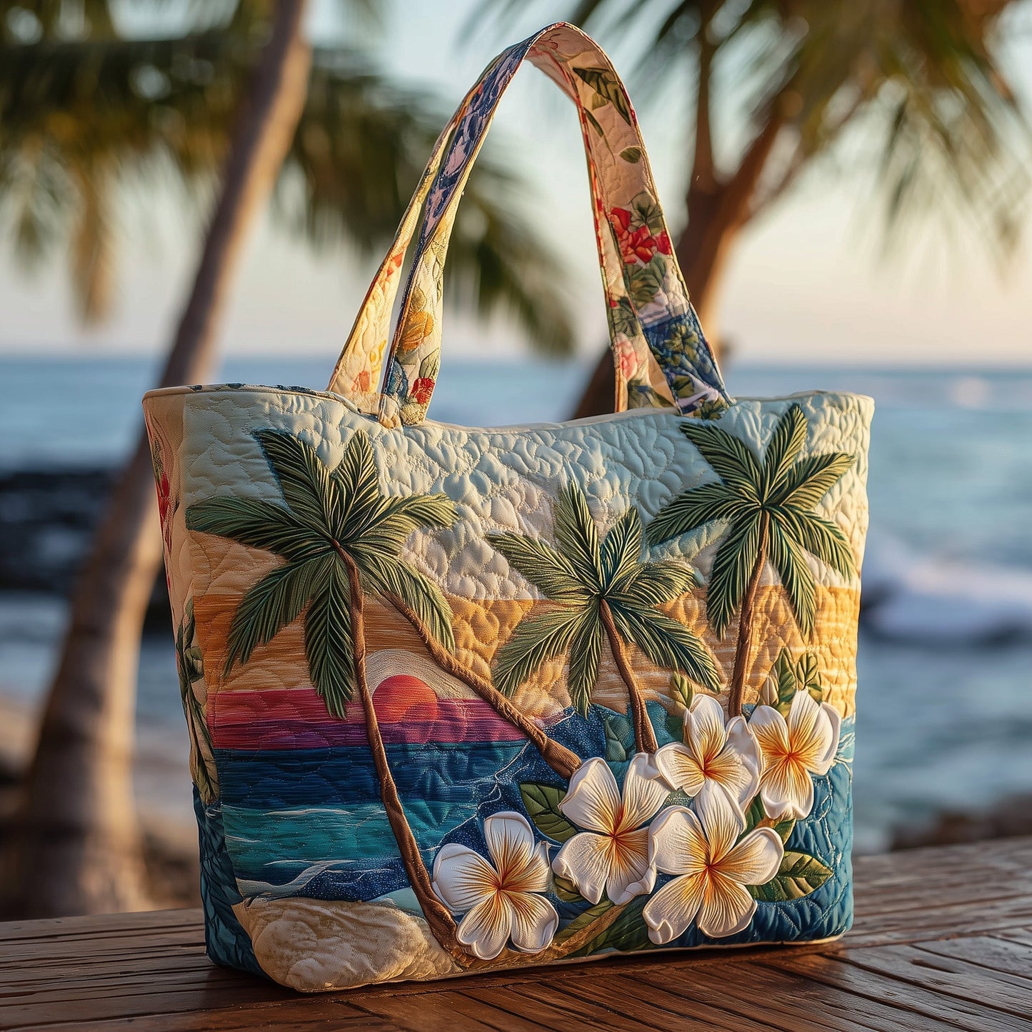 Palm Trees Flowers Quilted Tote