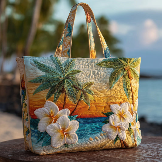 Tropical Palm Trees Flowers Quilted Tote