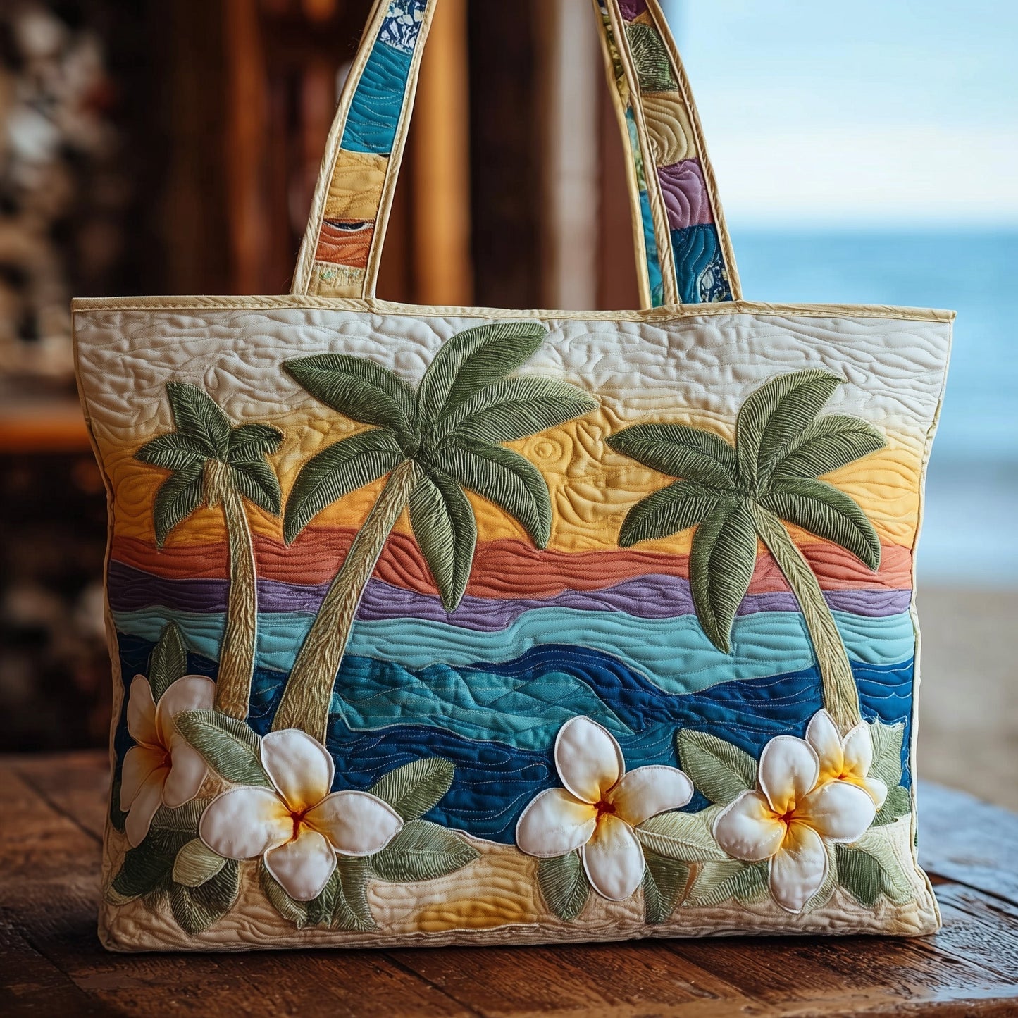 Palm Trees Plumeria Flowers Quilted Tote