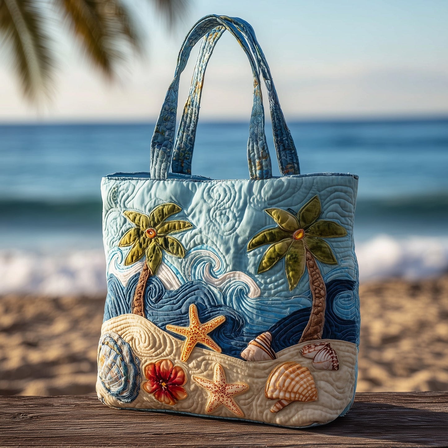 Palm Trees Seashells Quilted Tote