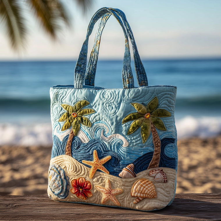 Palm Trees Seashells Quilted Tote
