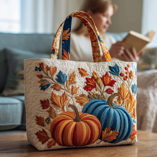 Autumn Leaves Pumpkins Quilted Tote