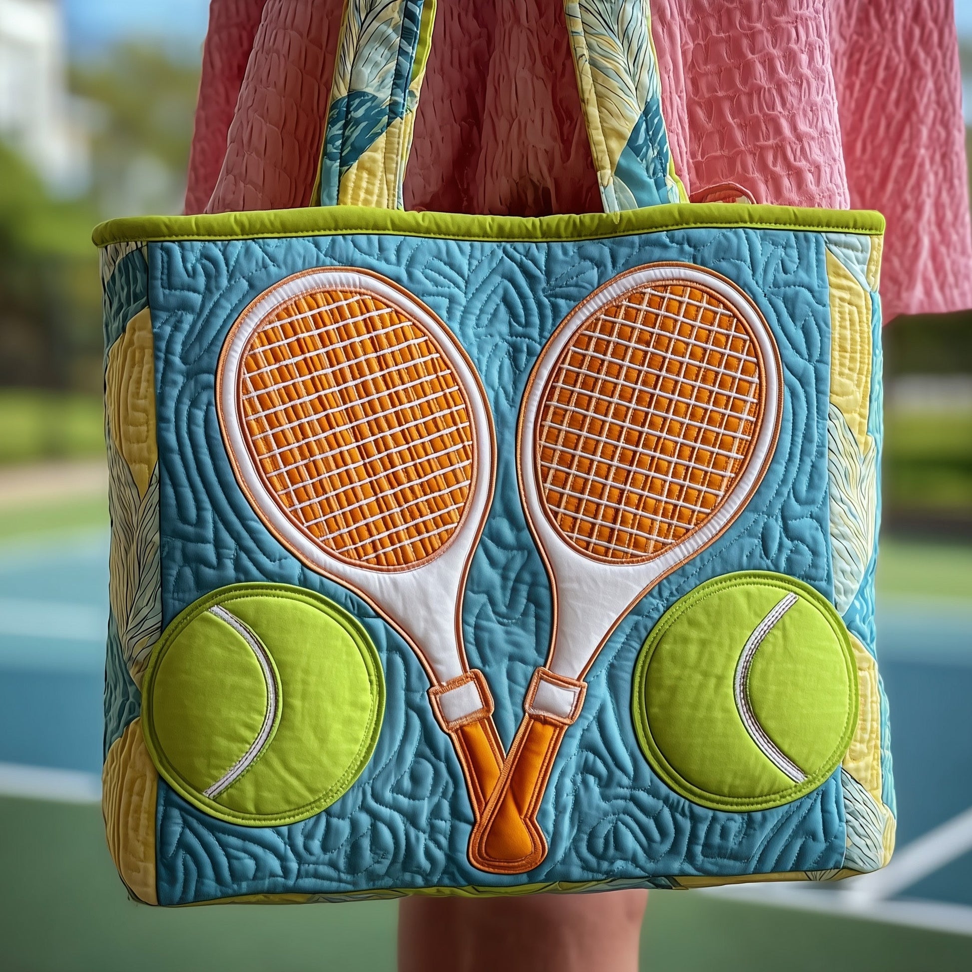 Tennis Rackets Balls Quilted Tote